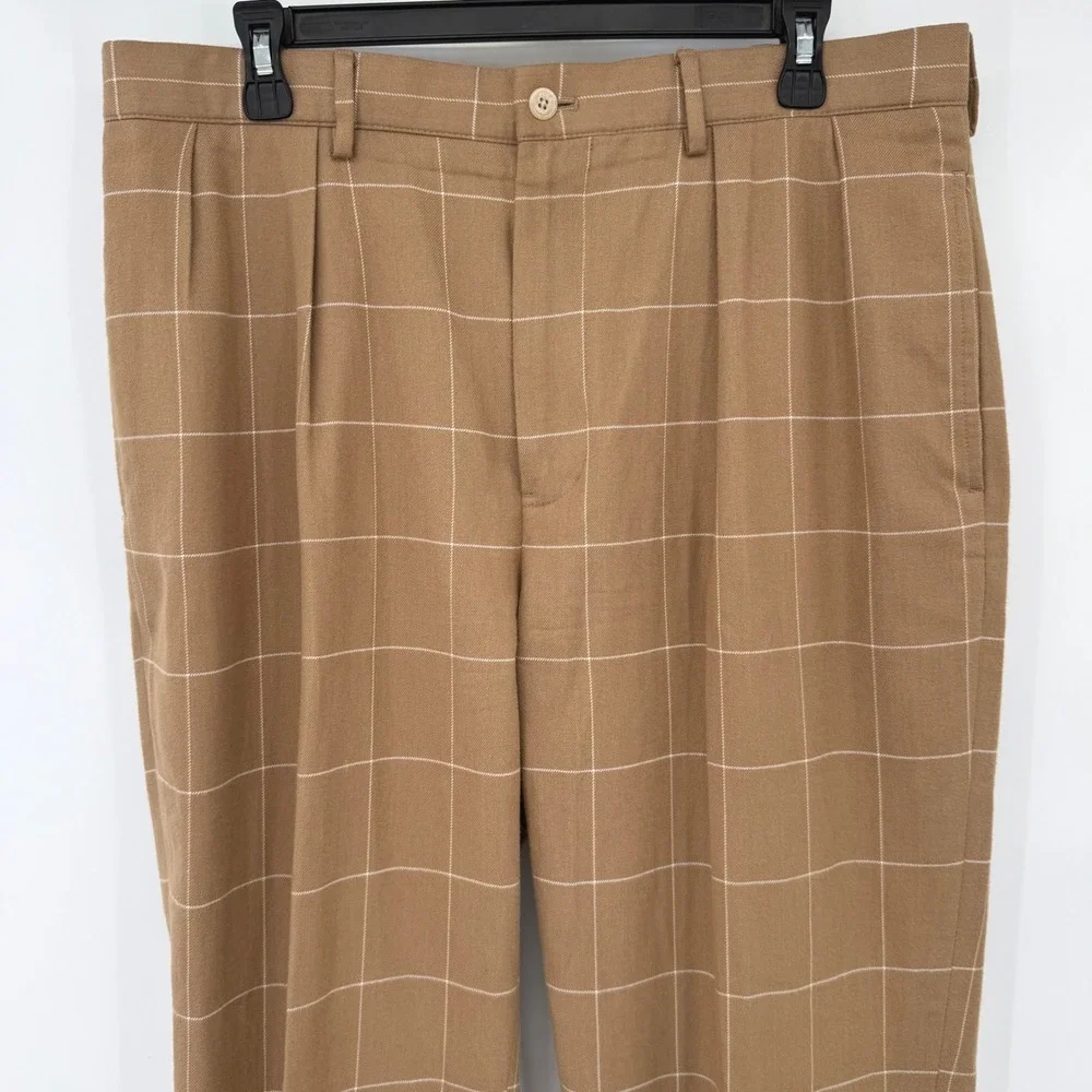 Polo Golf Ralph Lauren Pants Mens 34x33 Tan Windowpane Cotton Wool Silk Pleated